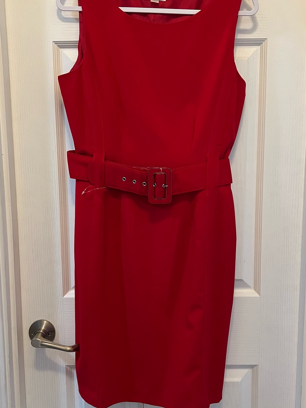 Calvin Klein Sleeveless Red Belted Midi Sheath Dress